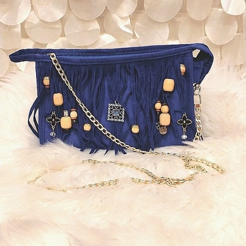 Fringed CROSSBODY BLUE Purse‎ Clutch w Chain Charm Enamel Flower Charm